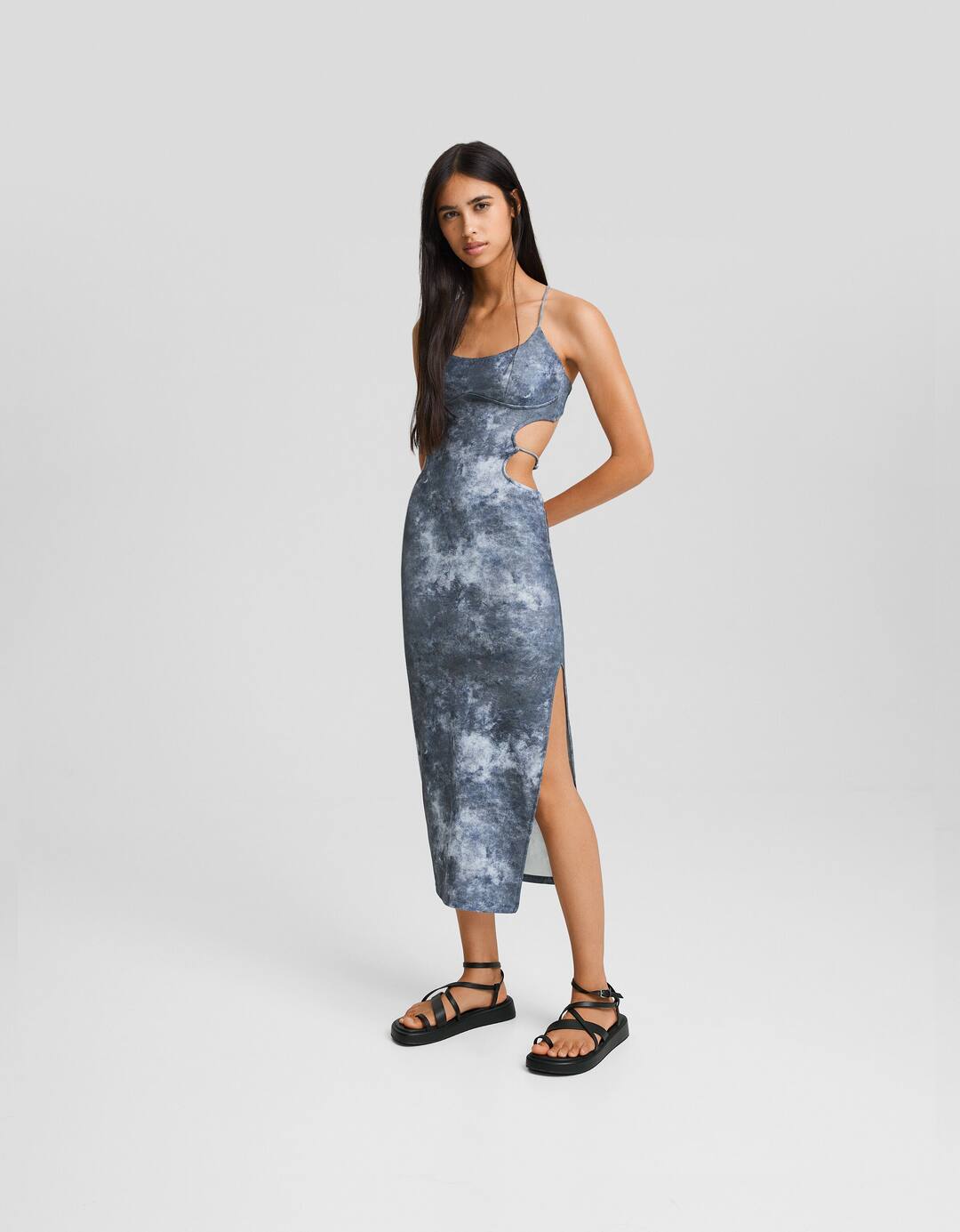 Printed ribbed cut-out strappy midi dress