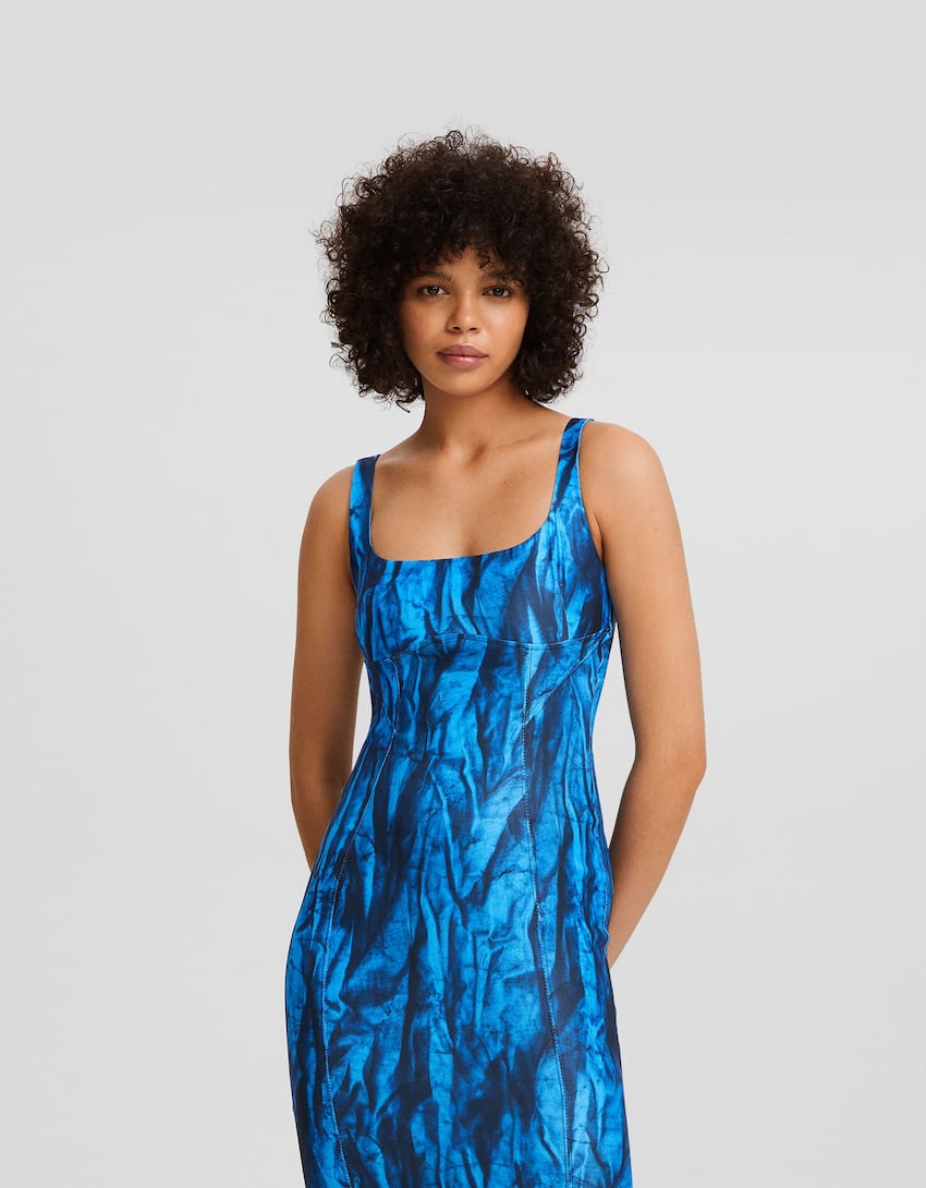 Fitted printed bengaline midi dress-Blue-1