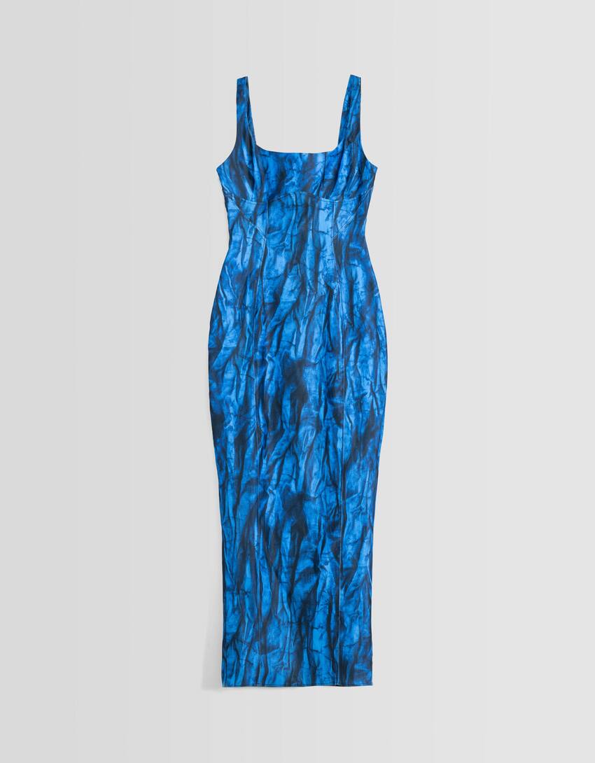 Fitted printed bengaline midi dress-Blue-5