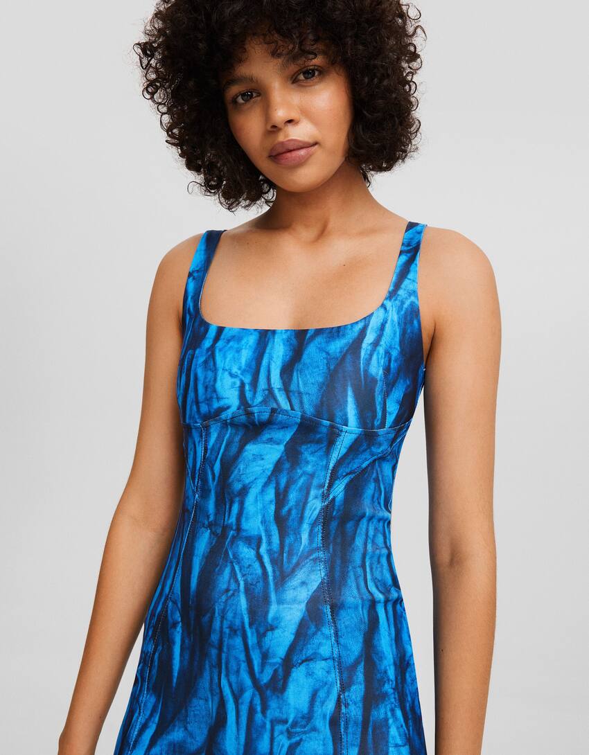 Fitted printed bengaline midi dress-Blue-3