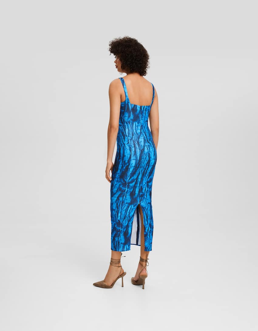 Fitted printed bengaline midi dress-Blue-2