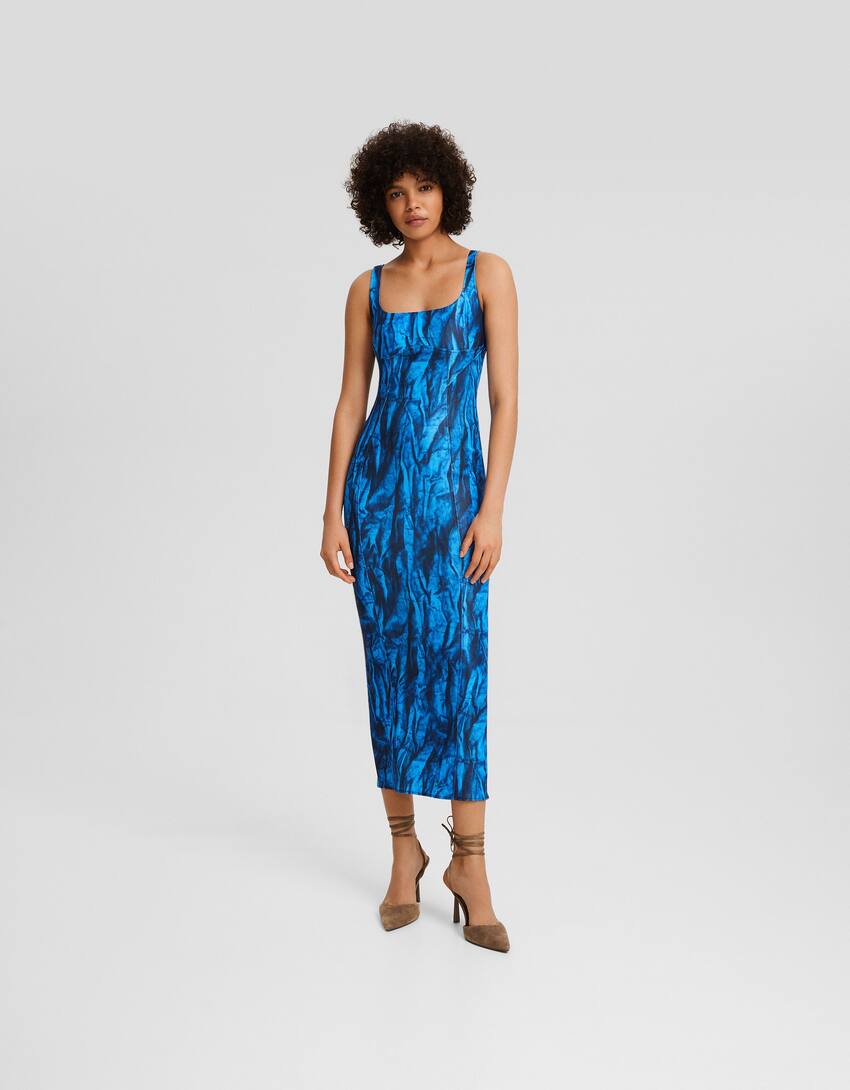 Fitted printed bengaline midi dress-Blue-0