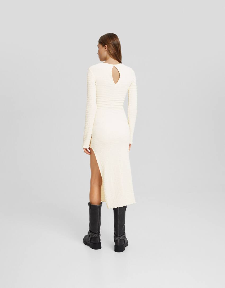 Waffle-knit long sleeve midi dress with cut-out-Cream-2