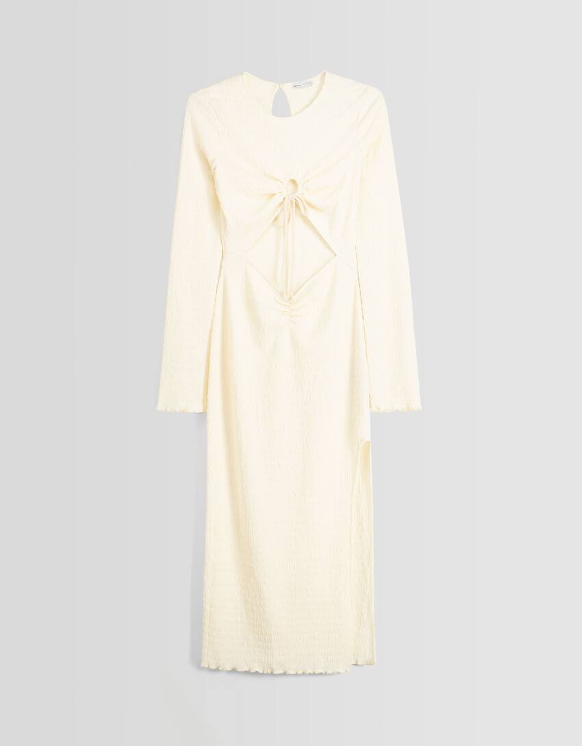 Waffle-knit long sleeve midi dress with cut-out-Cream-5
