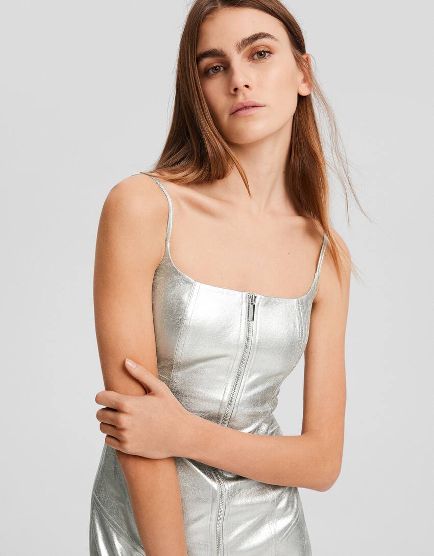 Metallic strappy midi dress with zip-Silver-3
