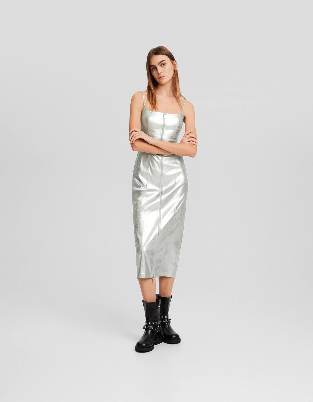 Metallic strappy midi dress with zip