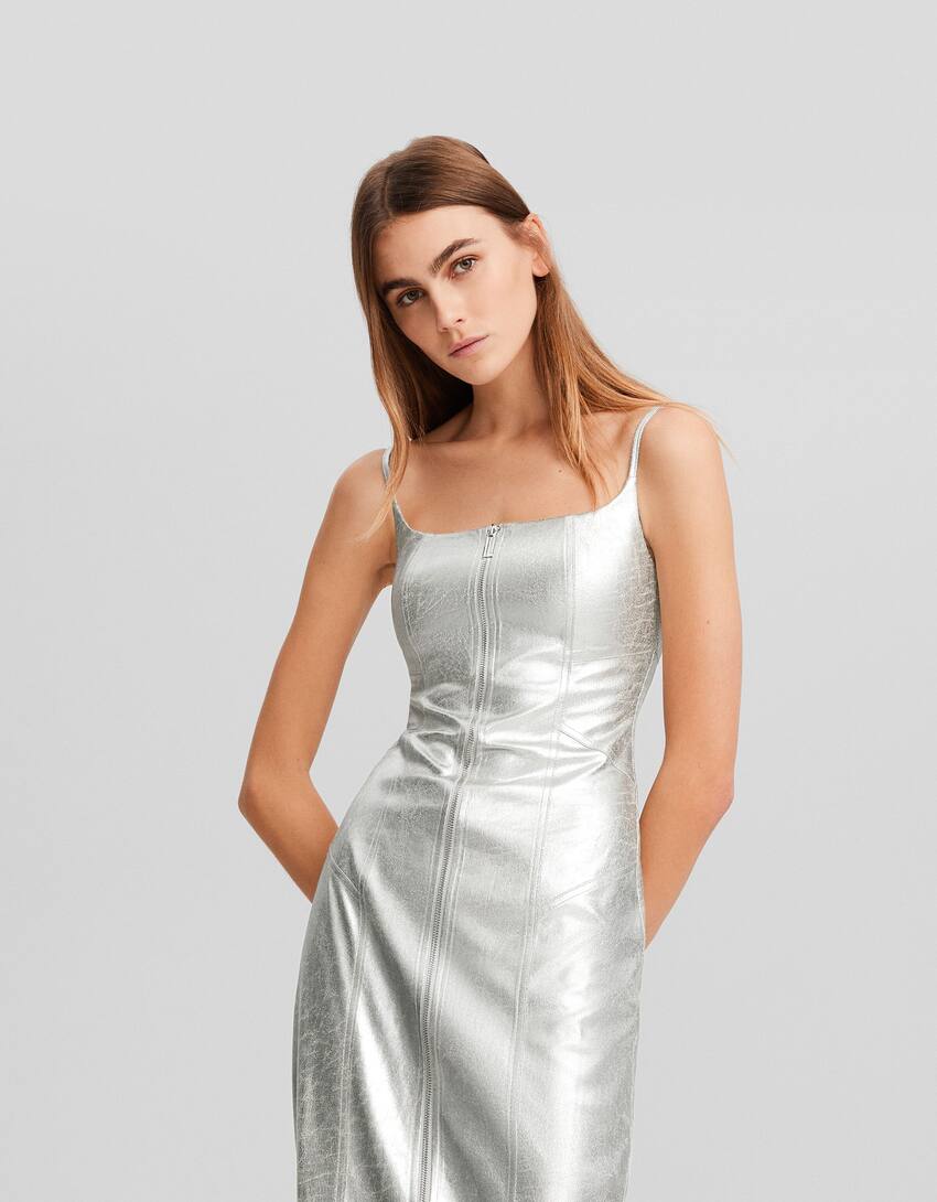 Metallic strappy midi dress with zip