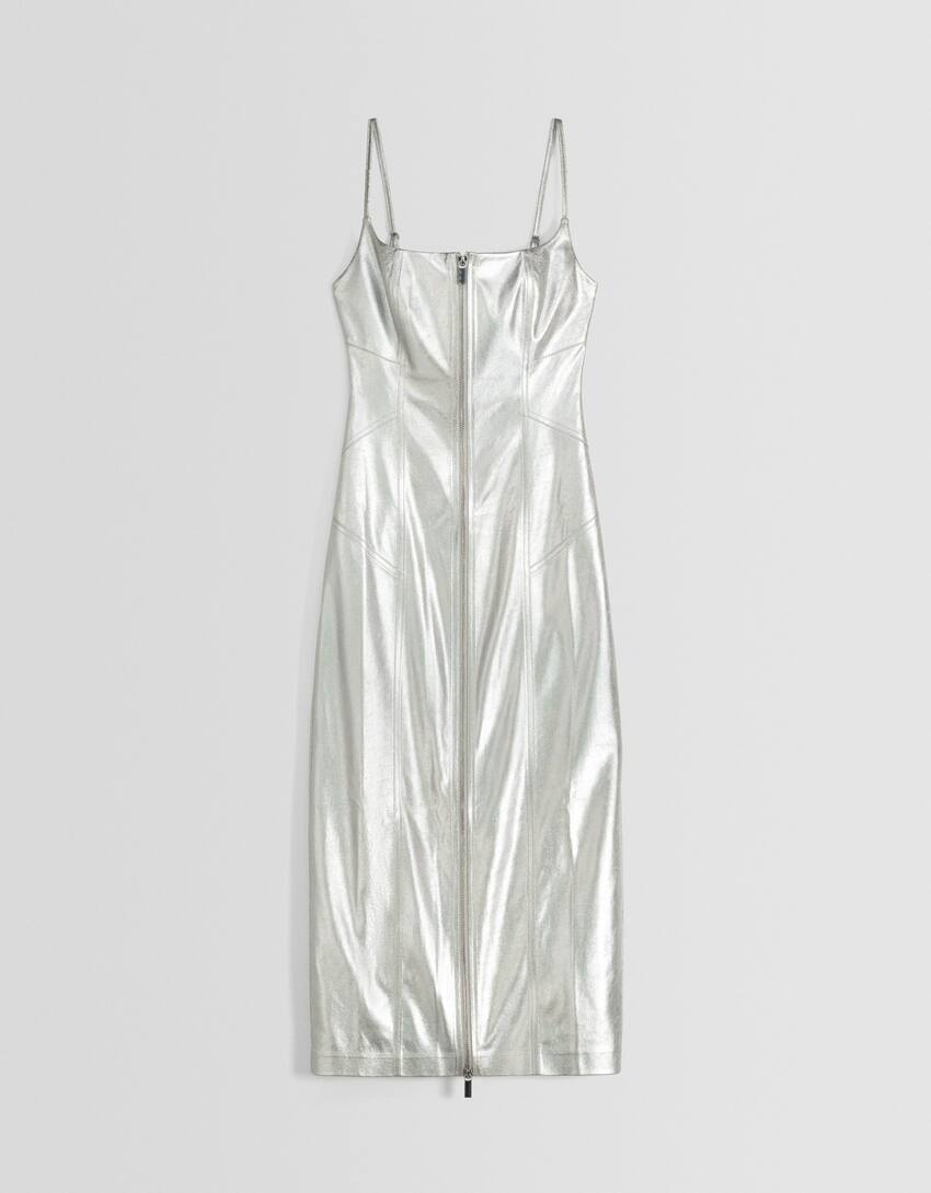 Metallic strappy midi dress with zip-Silver-4
