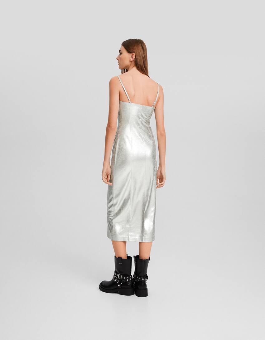 Metallic strappy midi dress with zip-Silver-2