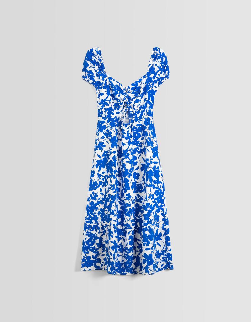 Floral print short sleeve dress and cut-out detail-Blue-4