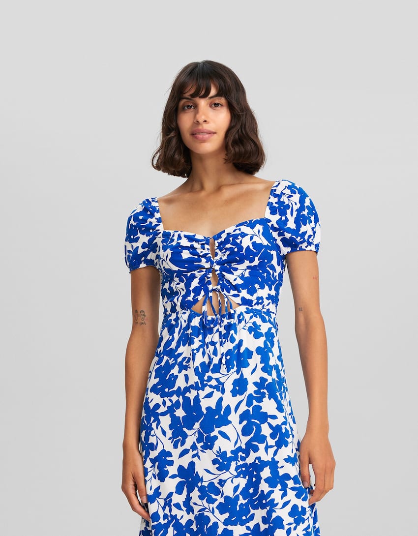 Floral print short sleeve dress and cut-out detail-Blue-1