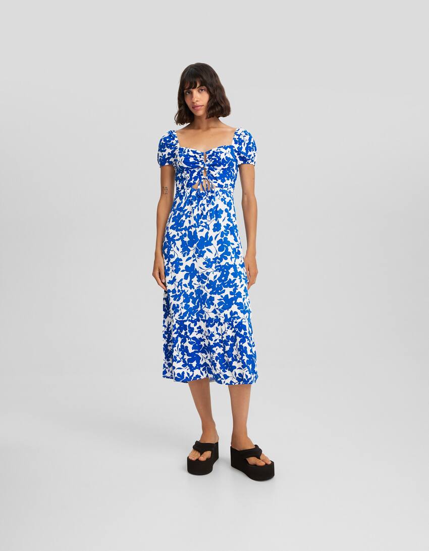 Floral print short sleeve dress and cut-out detail-Blue-0