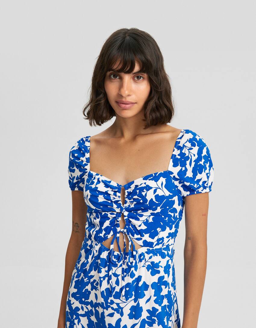 Floral print short sleeve dress and cut-out detail-Blue-3