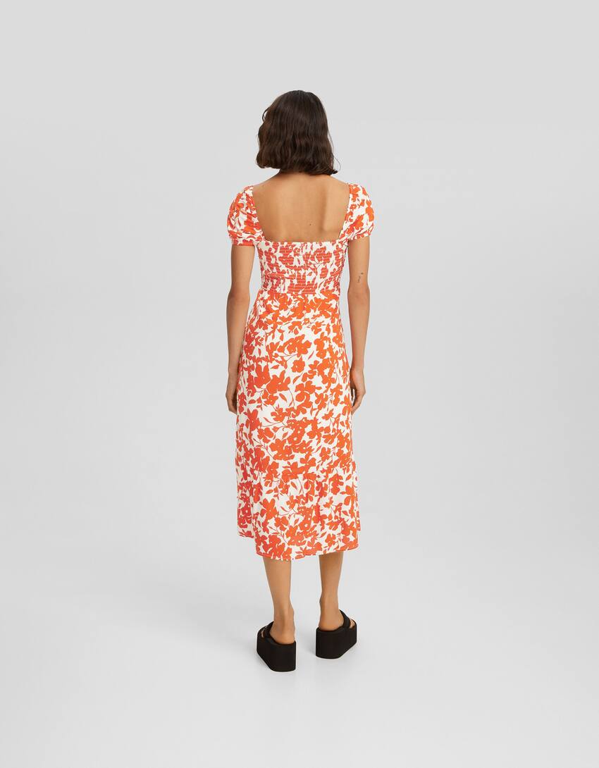 Floral print short sleeve dress and cut-out detail-Orange-2