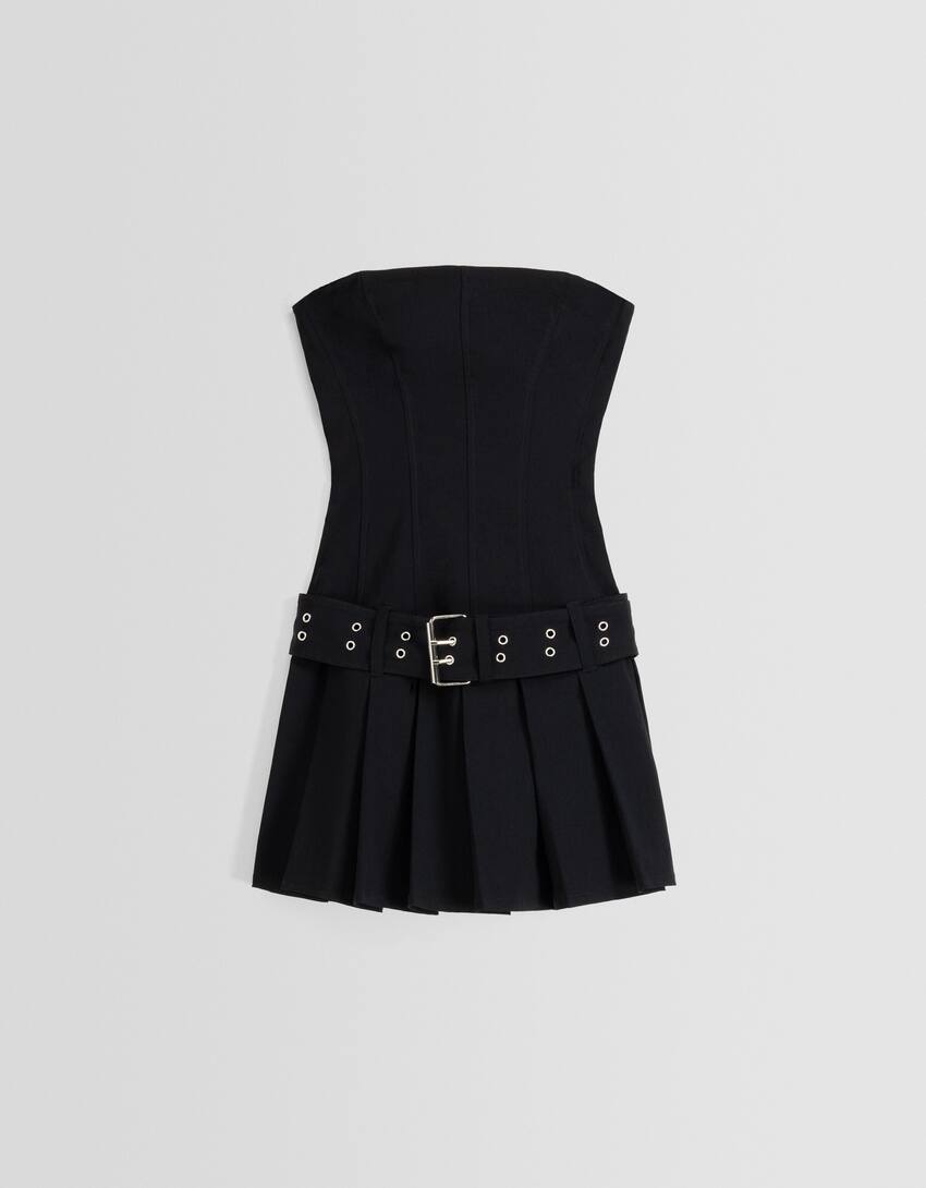 Striped box pleat bandeau neckline mini dress-Black-5