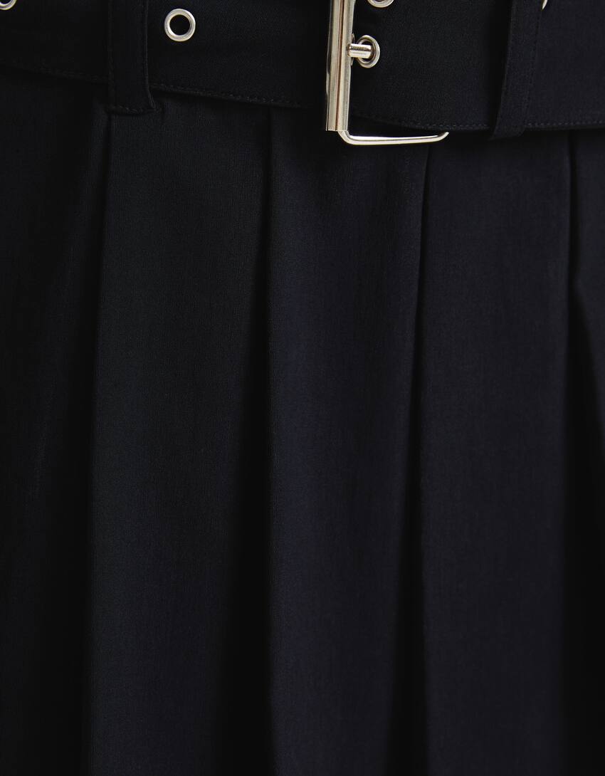 Striped box pleat bandeau neckline mini dress-Black-6