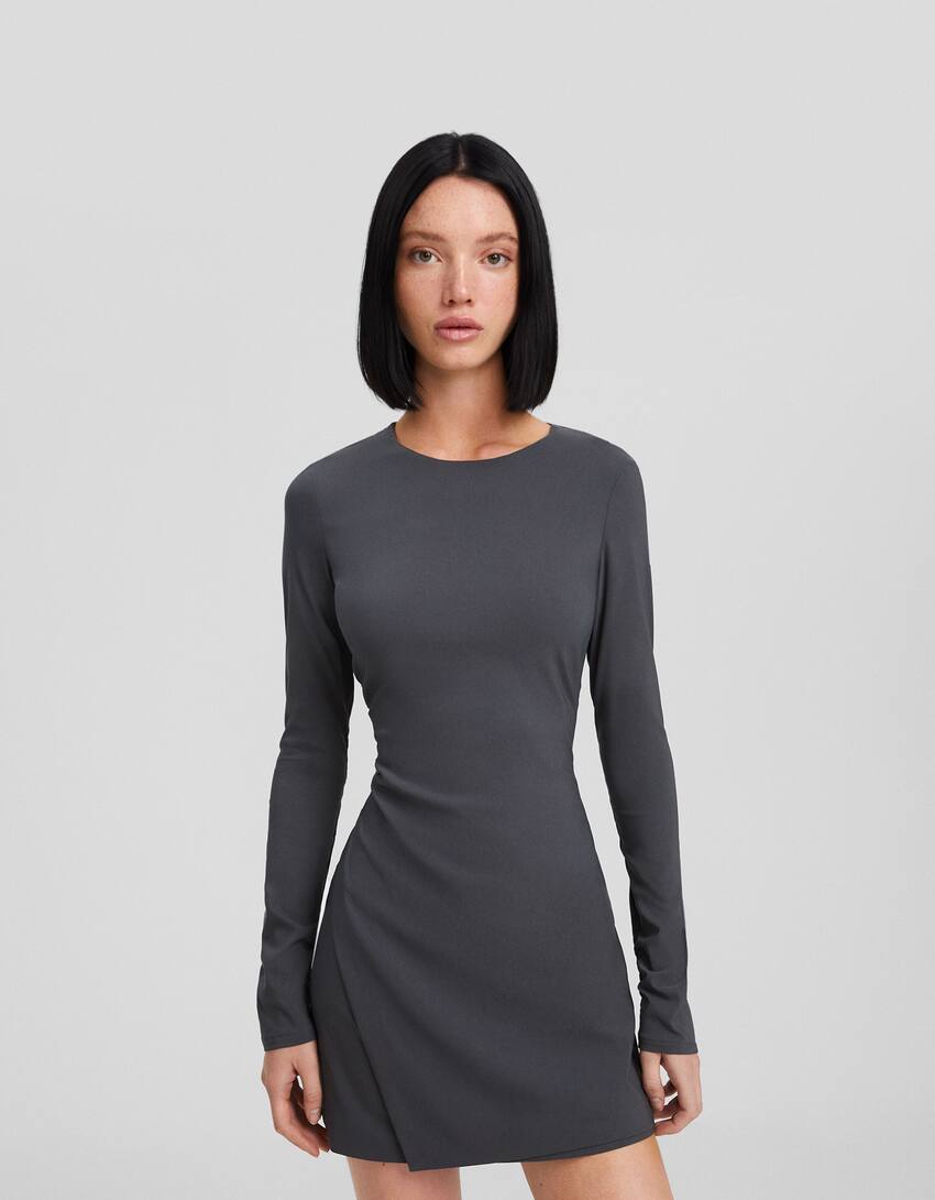 Long-sleeved bengaline mini dress-Dark grey-1