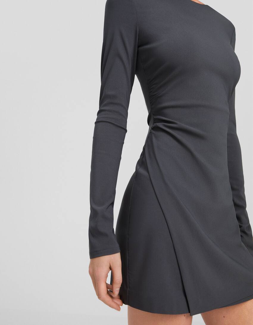Long-sleeved bengaline mini dress-Dark grey-3