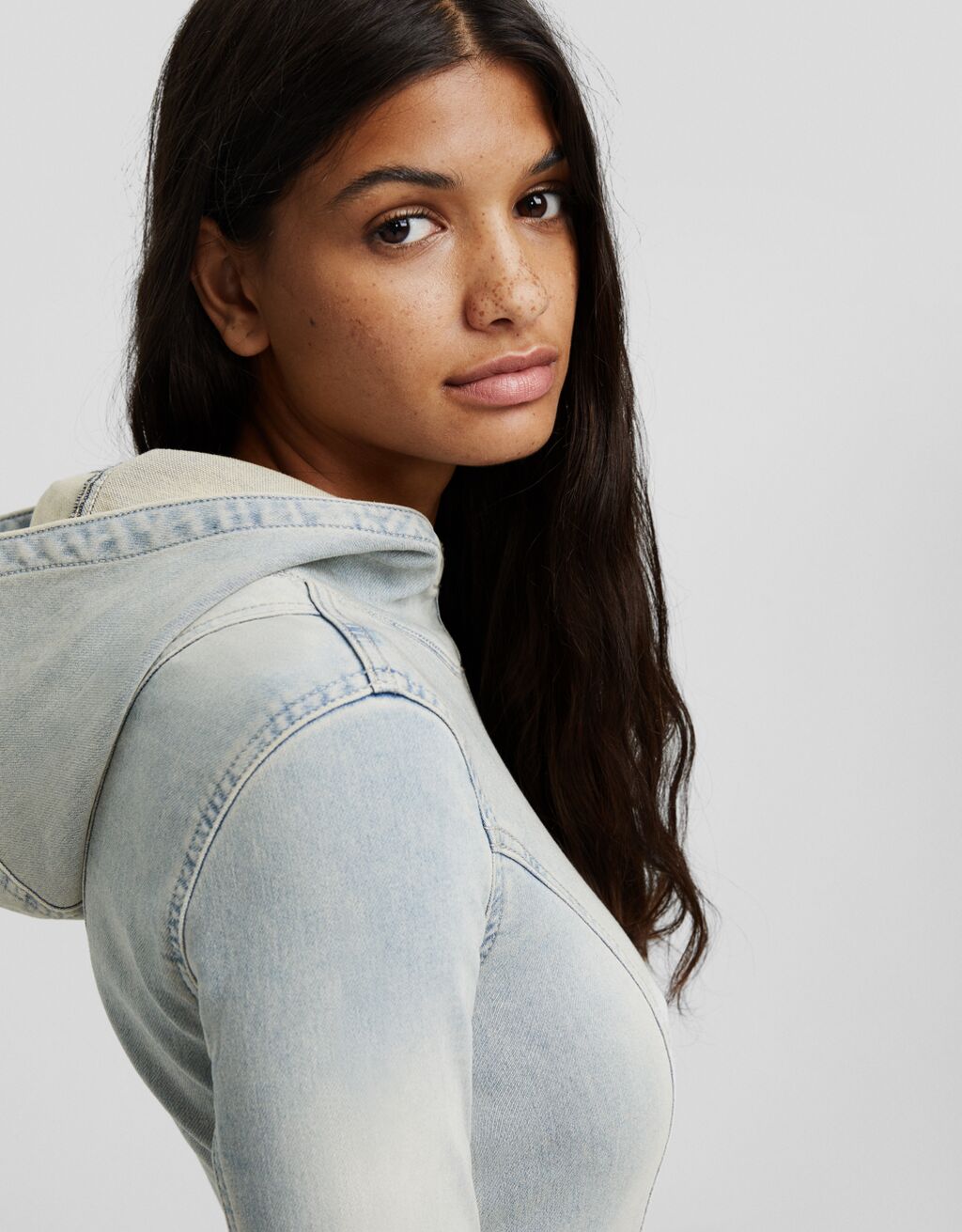 Long denim knit hoodie dress Women Bershka