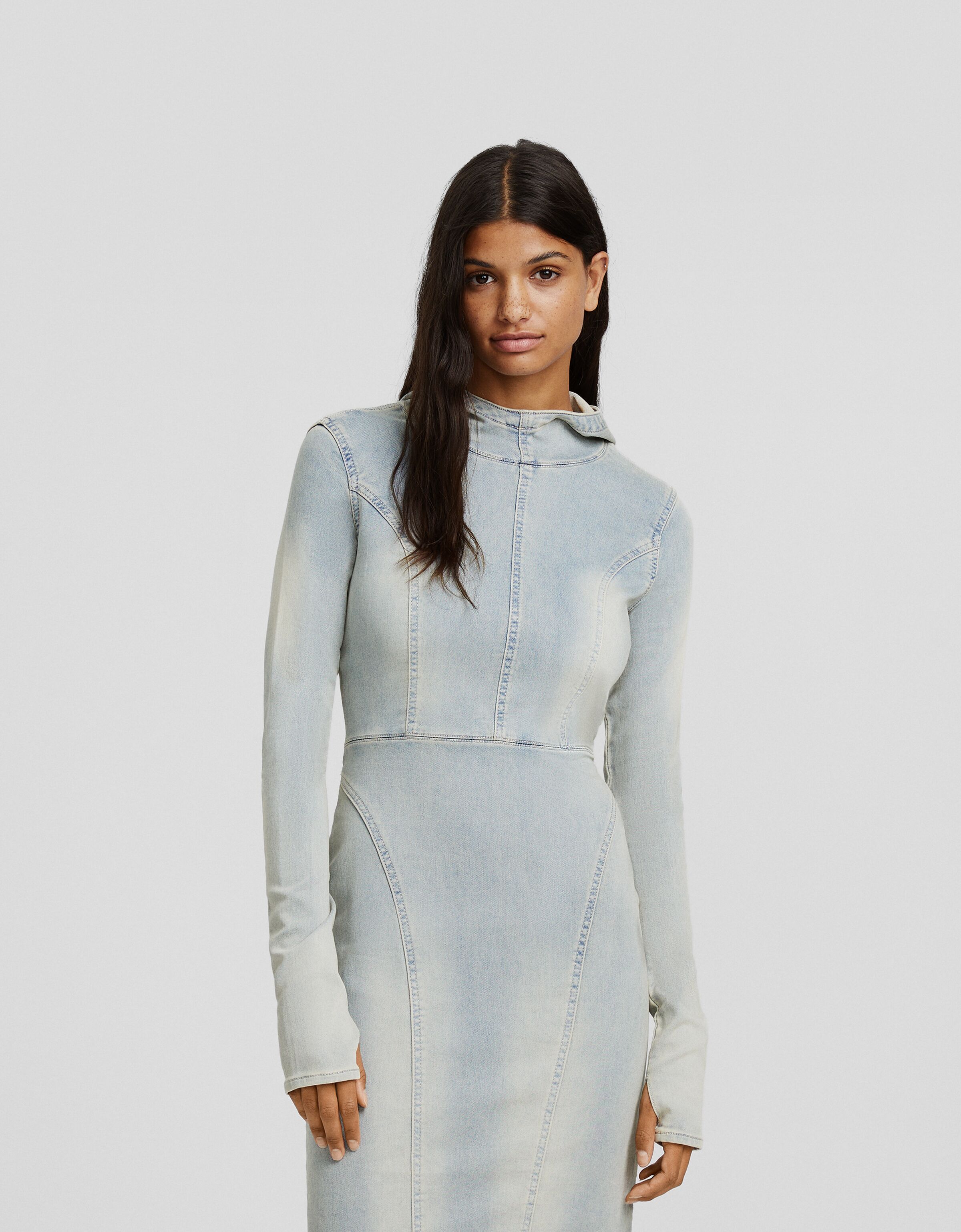 Long knit denim hoodie dress Women Bershka