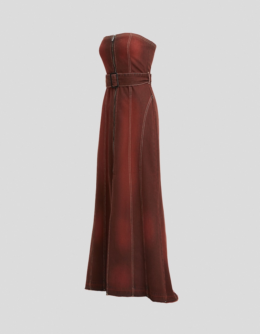 Duga traper haljina otkrivenih ramena Generation Bershka-Crvena-0