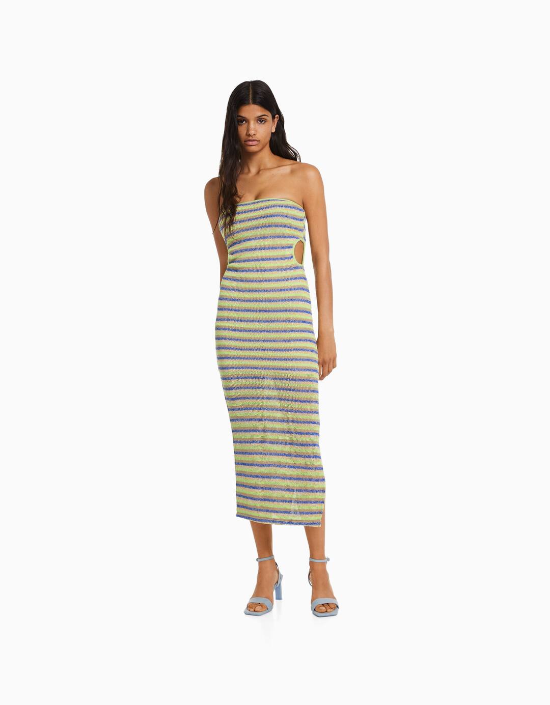 Striped cut-out strapless midi dress