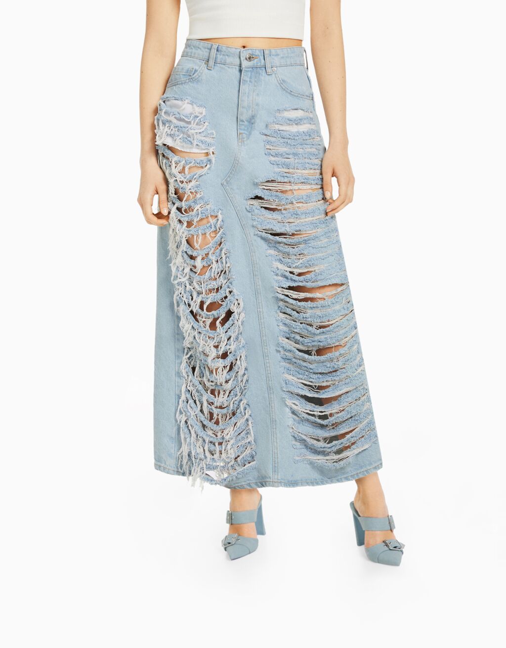 Gonna denim lunga strappi Donna Bershka