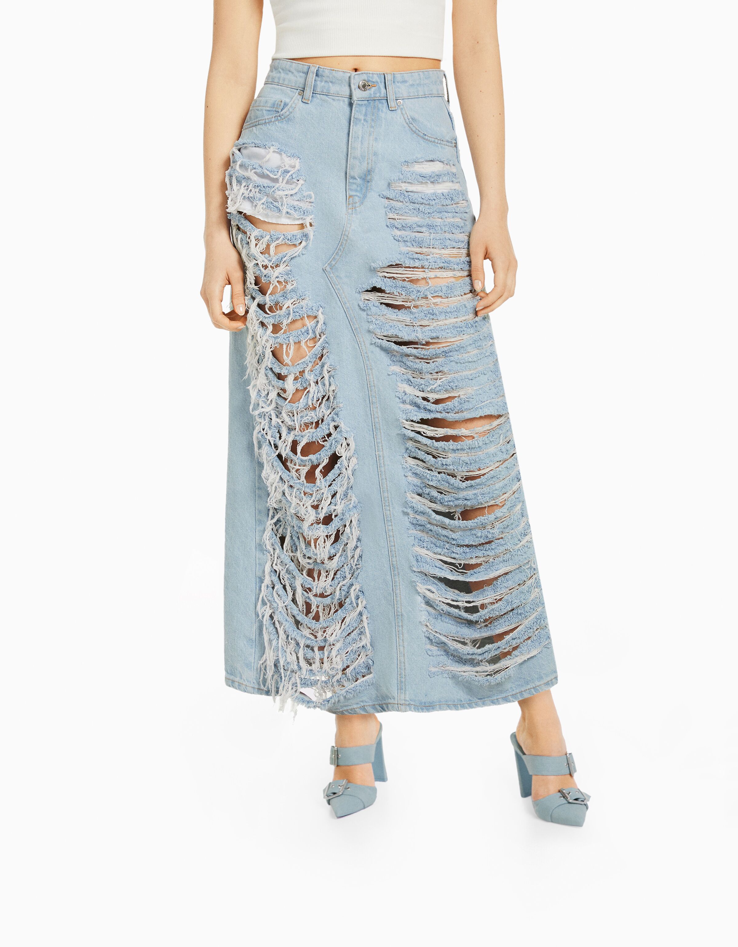 Distressed long cheap denim skirt