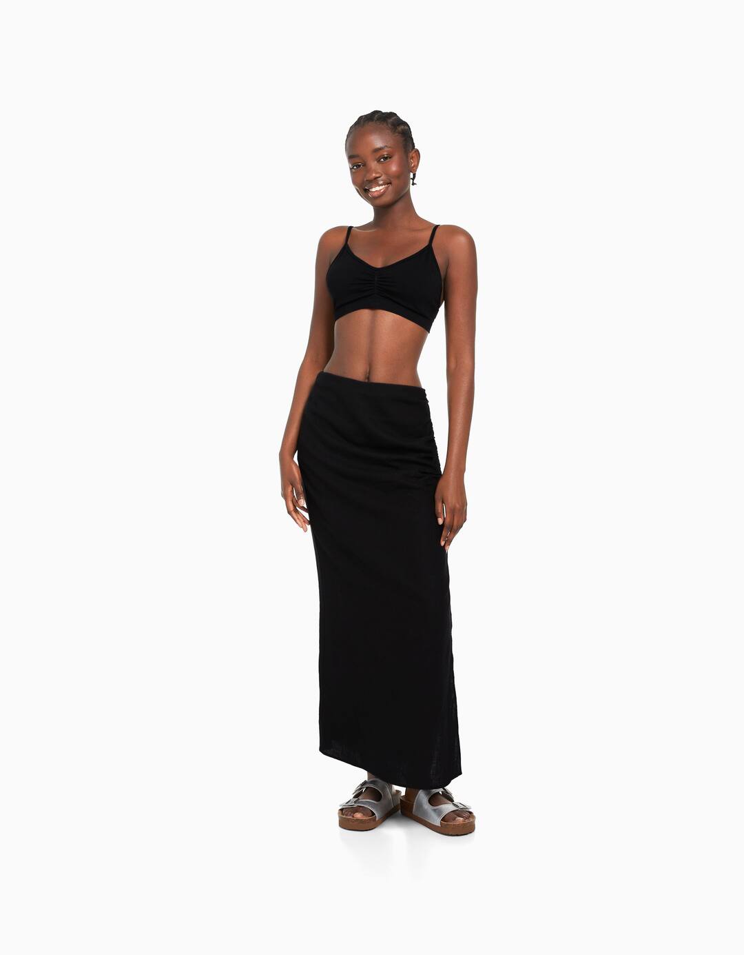 Linen blend gathered midi skirt