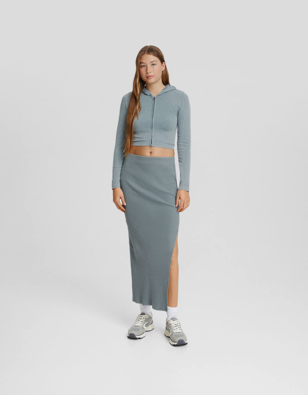 Faded-effect ribbed midi skirt