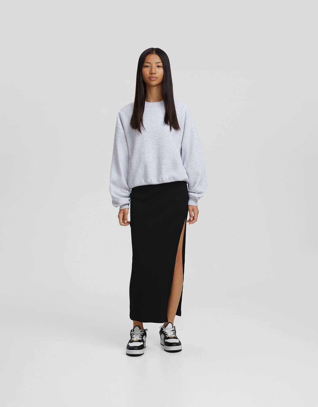Faded-effect ribbed midi skirt