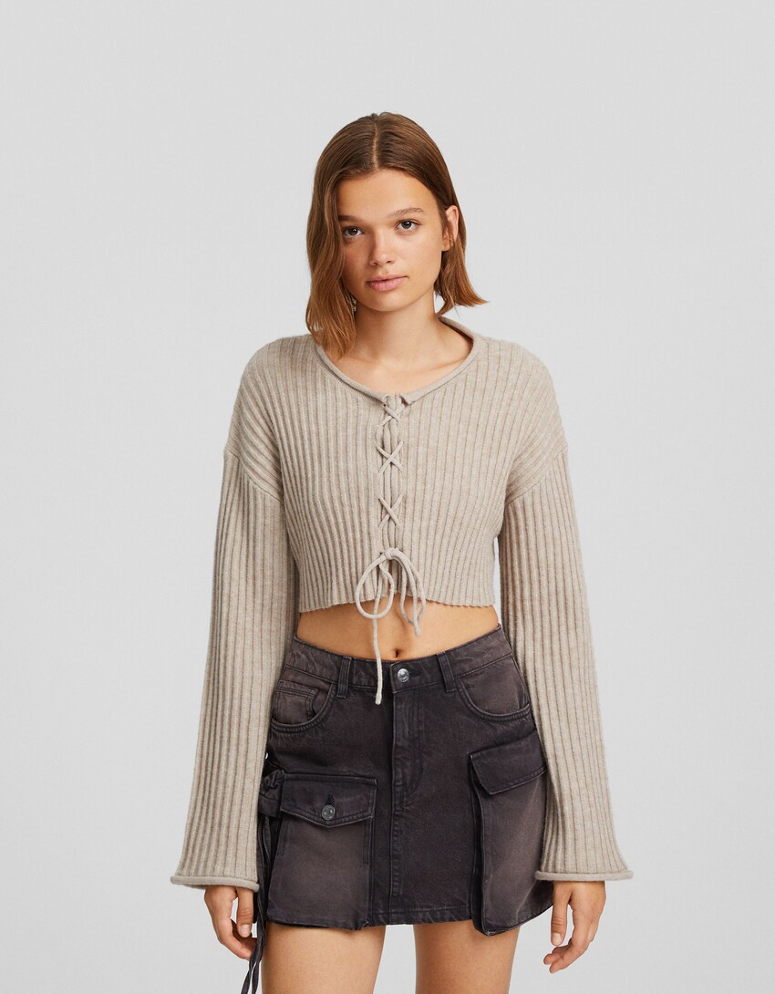 Falda mini sarga multipocket-Marrón-1