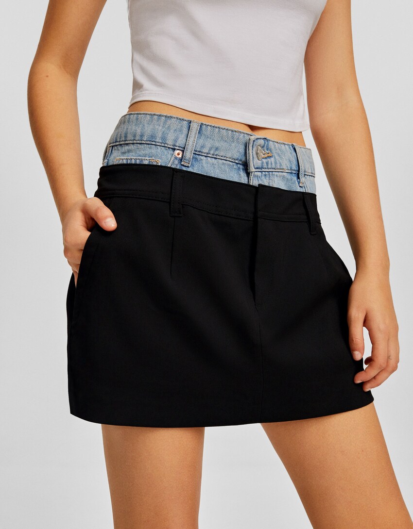 Tailored skirt with contrast denim waist-Black-2