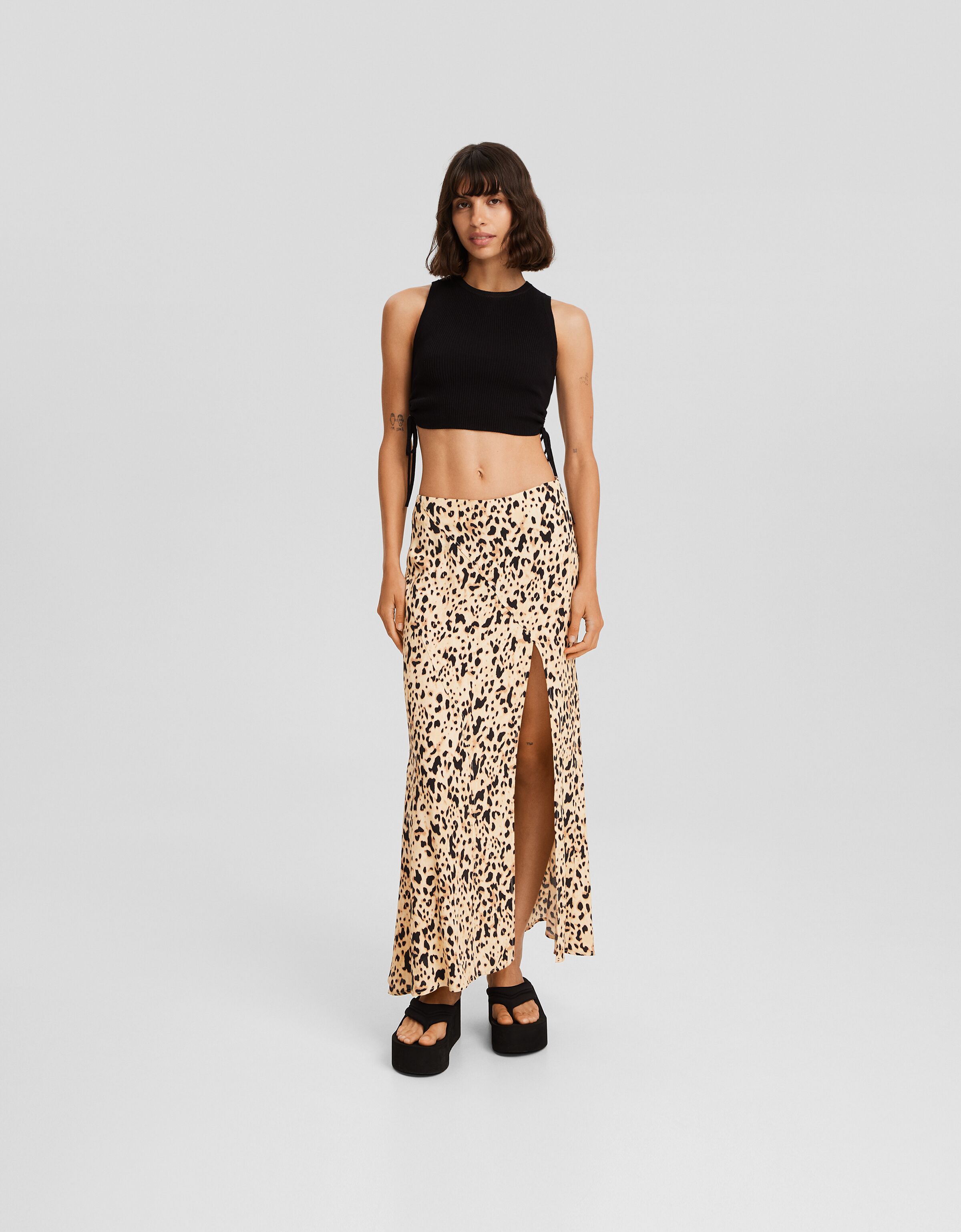 Animal print midi skirt with slit Skirts BSK Teen Bershka