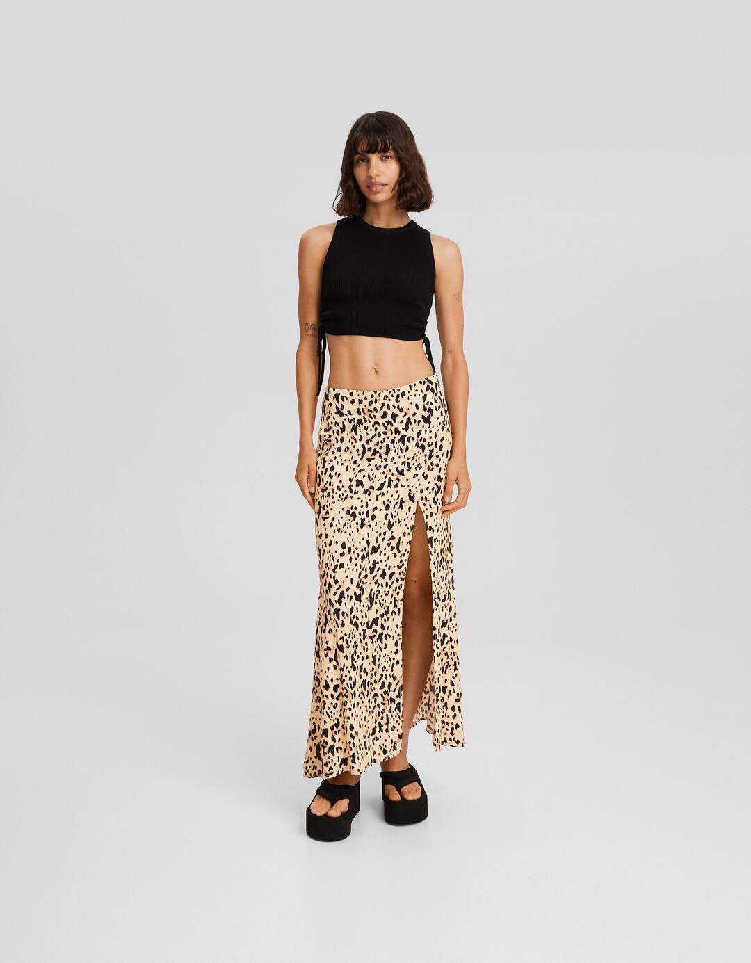 Animal print midi skirt with slit