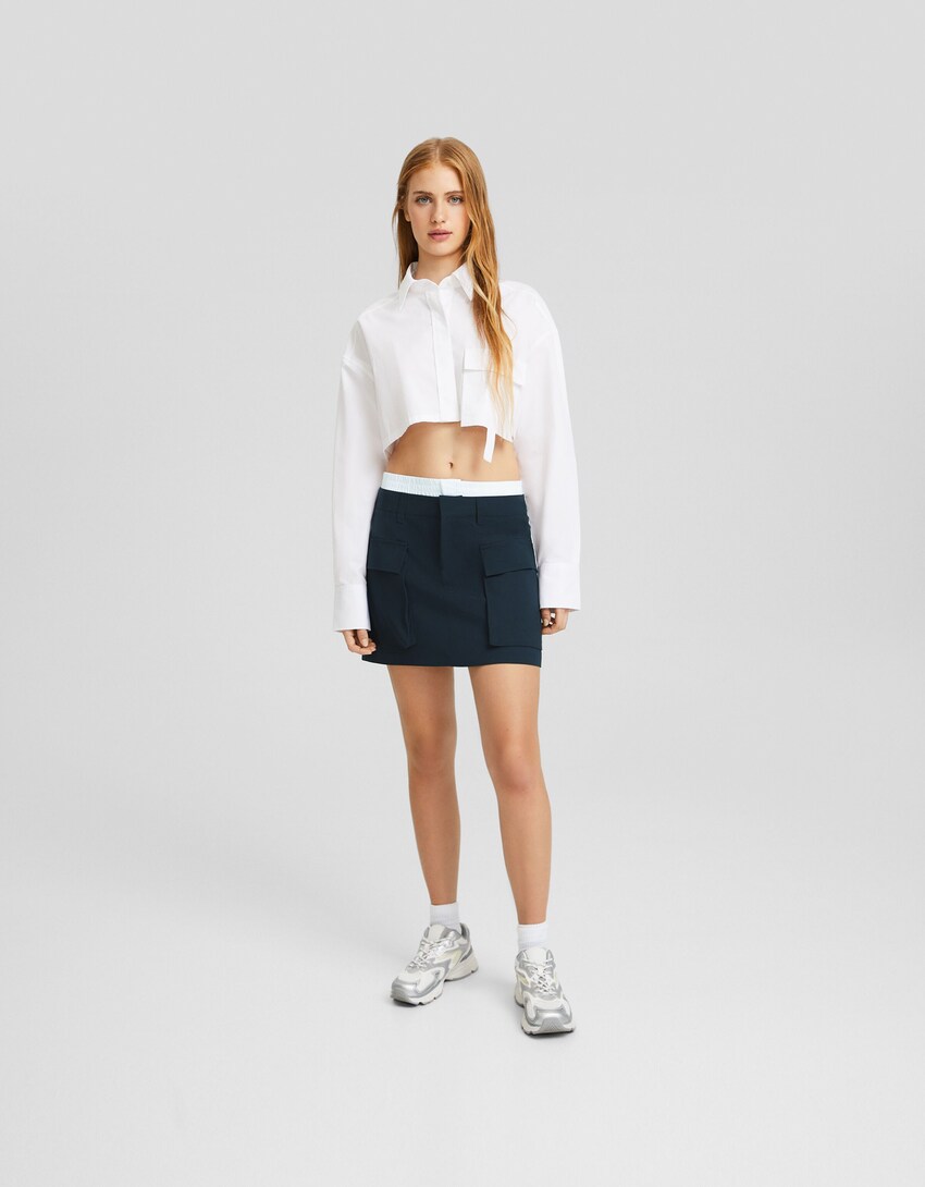 Cargo mini skirt with underwear waist-Navy-0