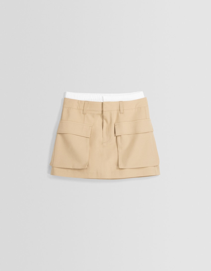 Cargo mini skirt with underwear waist-Camel-4
