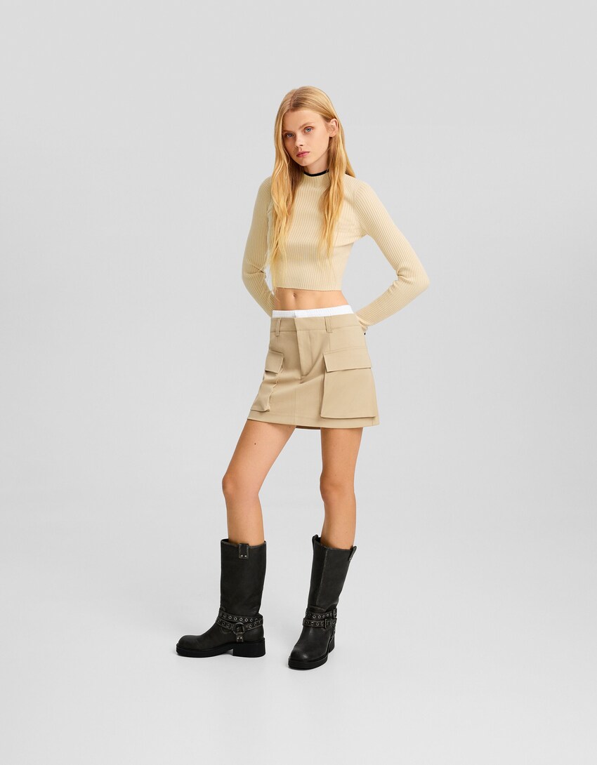 Cargo mini skirt with underwear waist-Camel-0