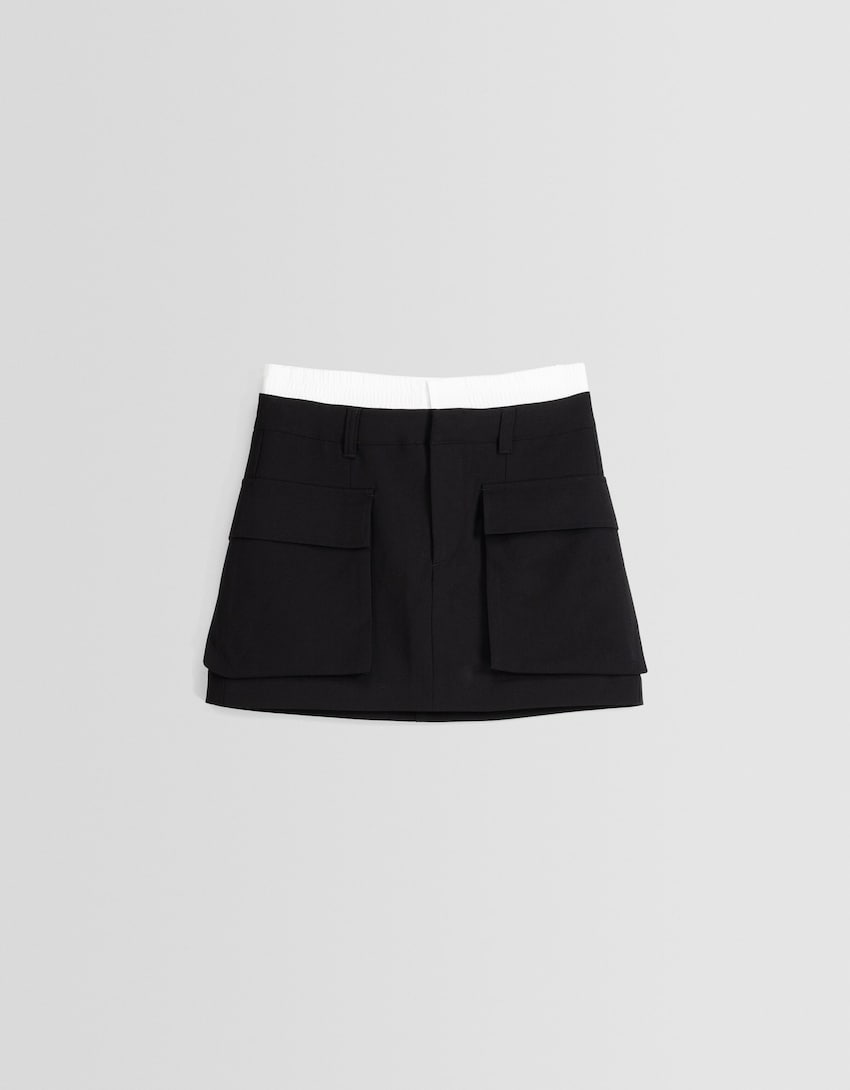 Cargo mini skirt with underwear waist-Black-4