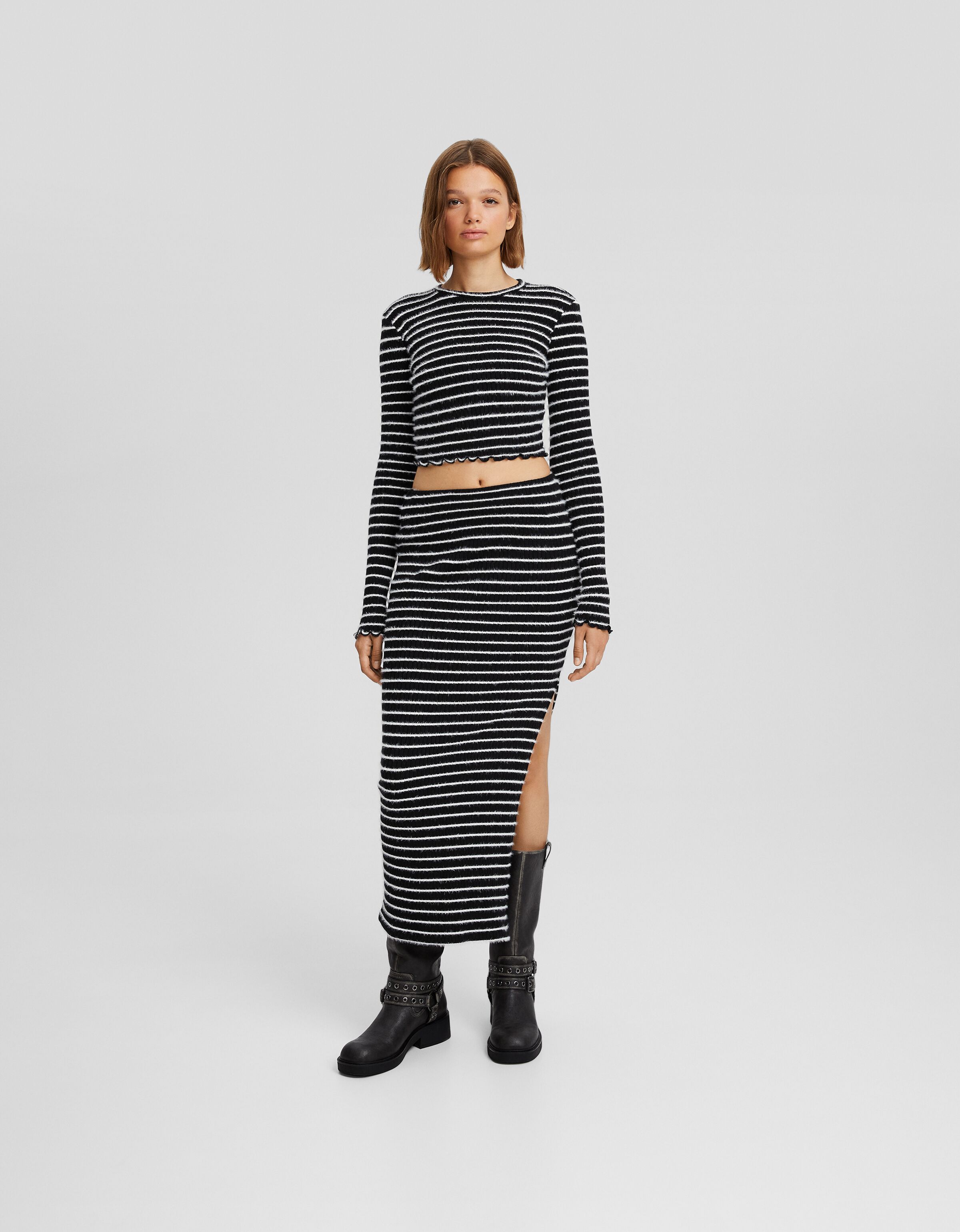 Striped knit shop midi skirt