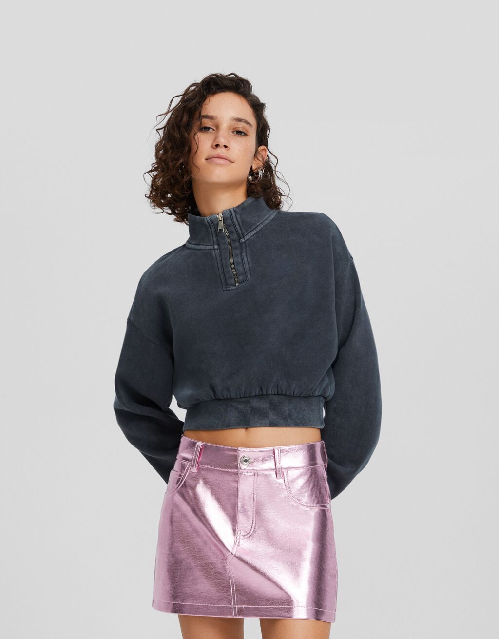 Metallic leather effect mini skirt Women Bershka