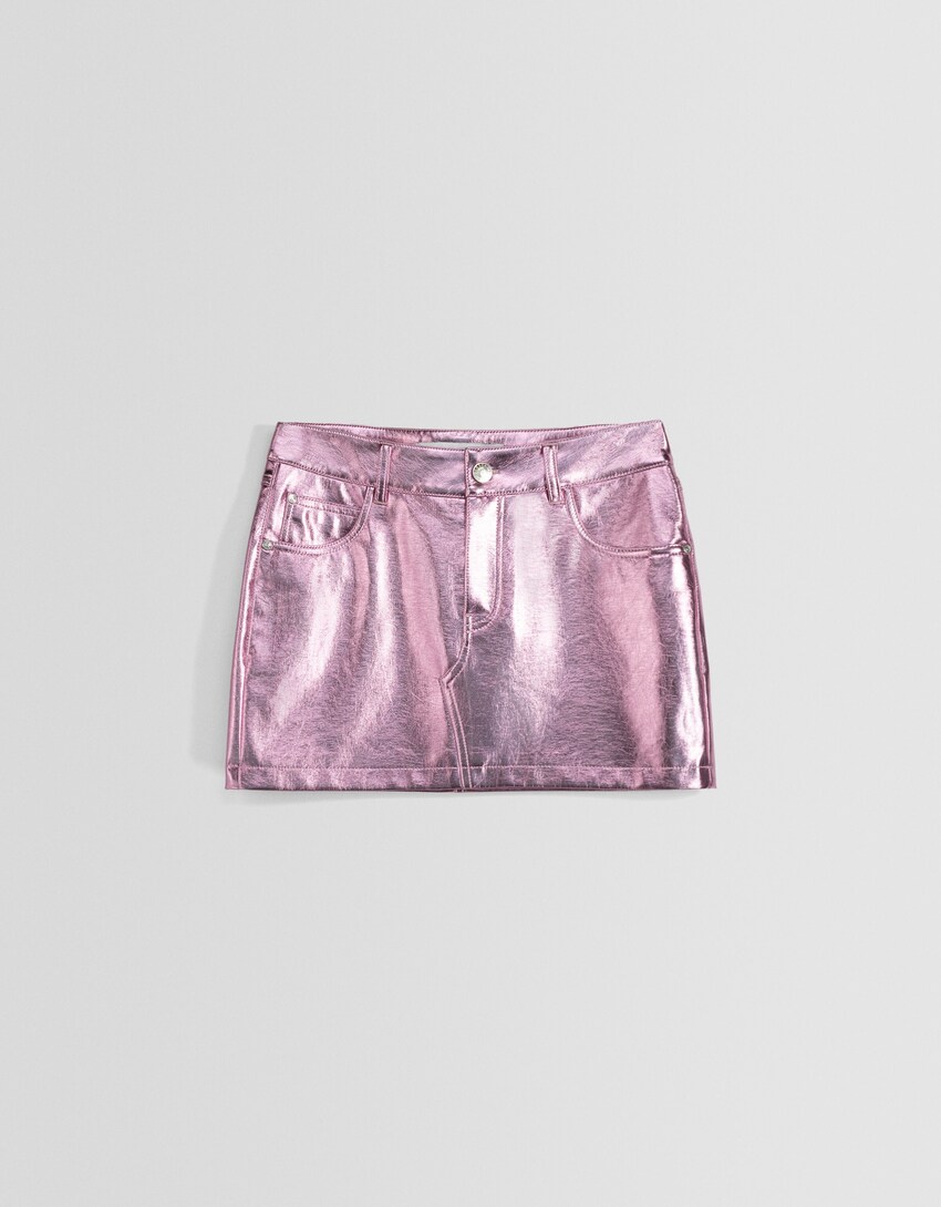 Falda mini efecto piel metalizada-Fucsia-4