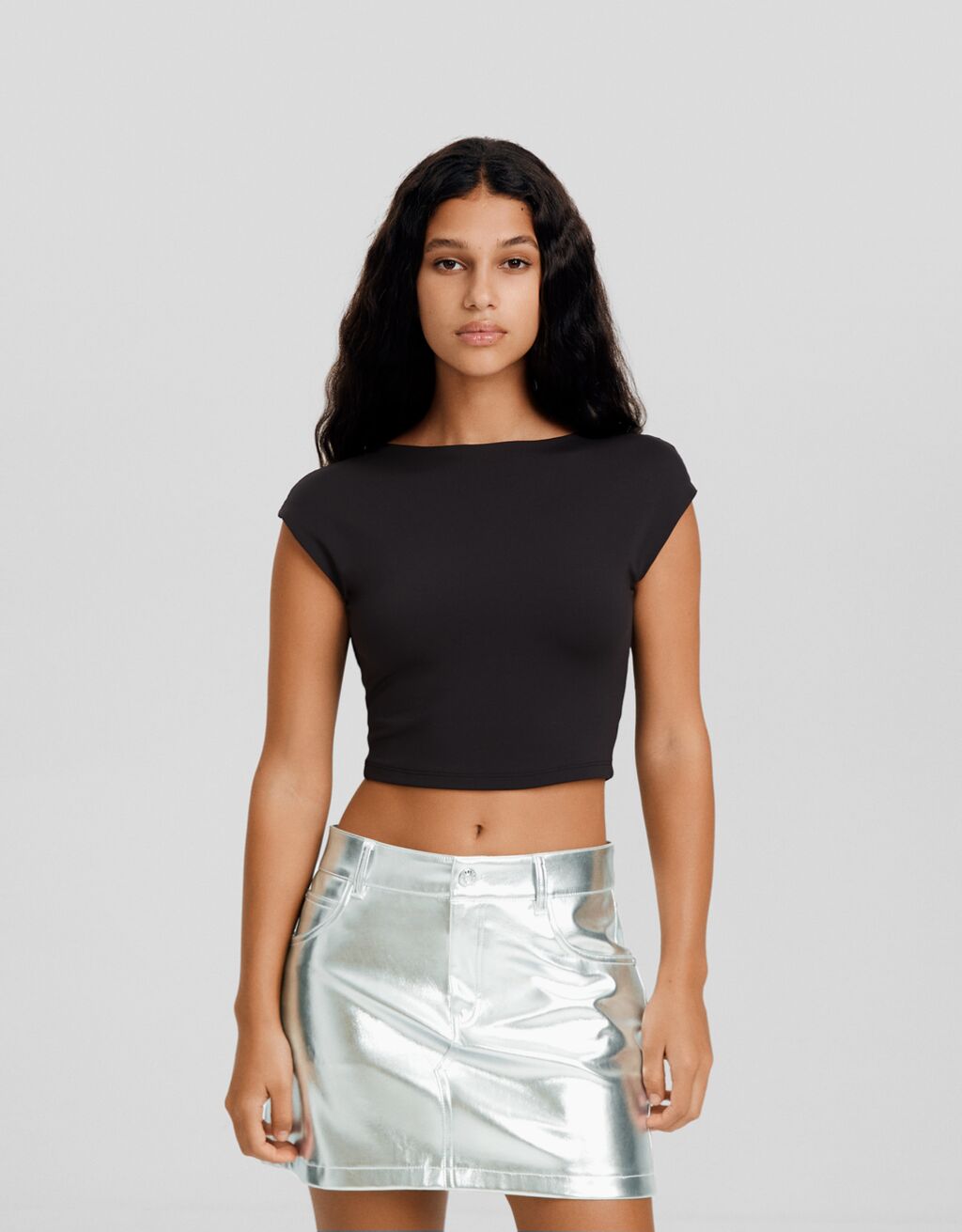 Metallic leather effect mini skirt Women Bershka