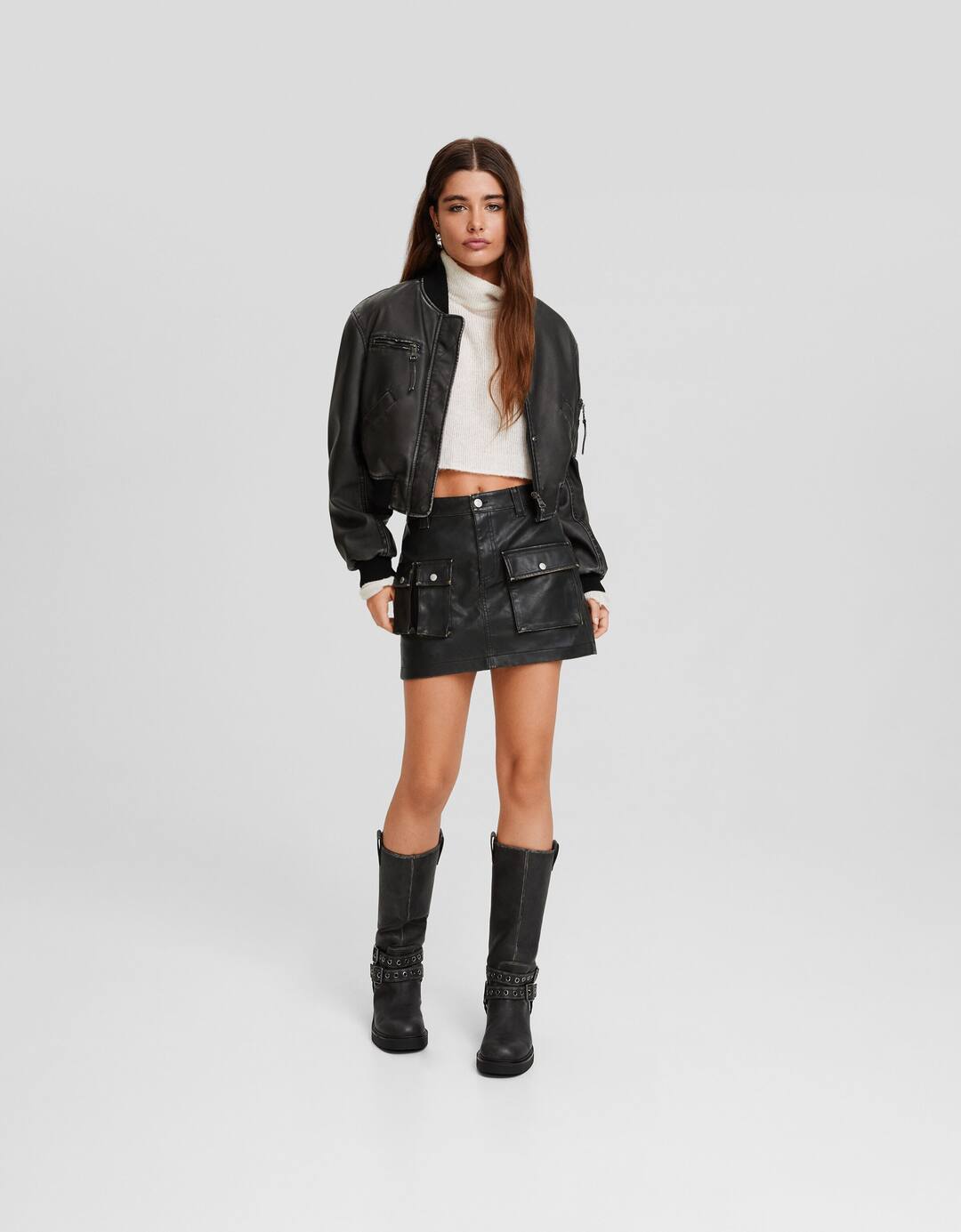 Distressed leather effect cargo mini skirt