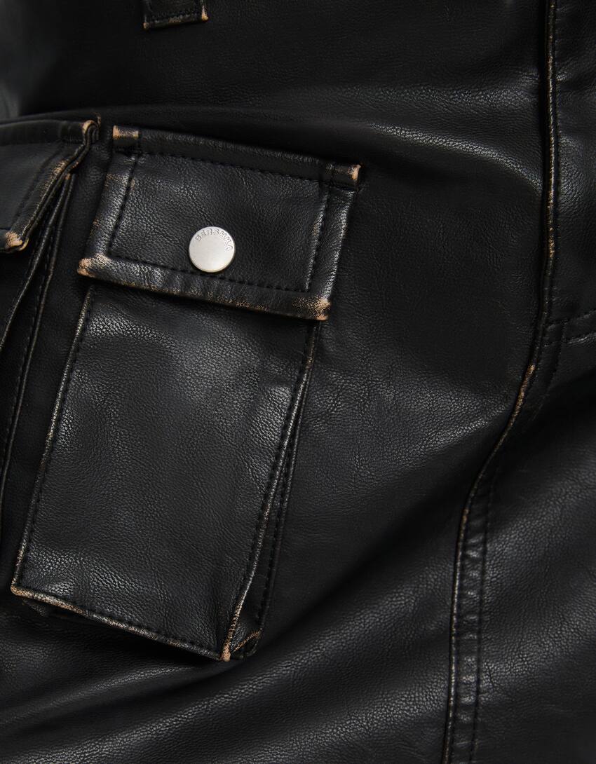 تنورة قصيرة كارغو من جلد صناعي معتق-بني-5