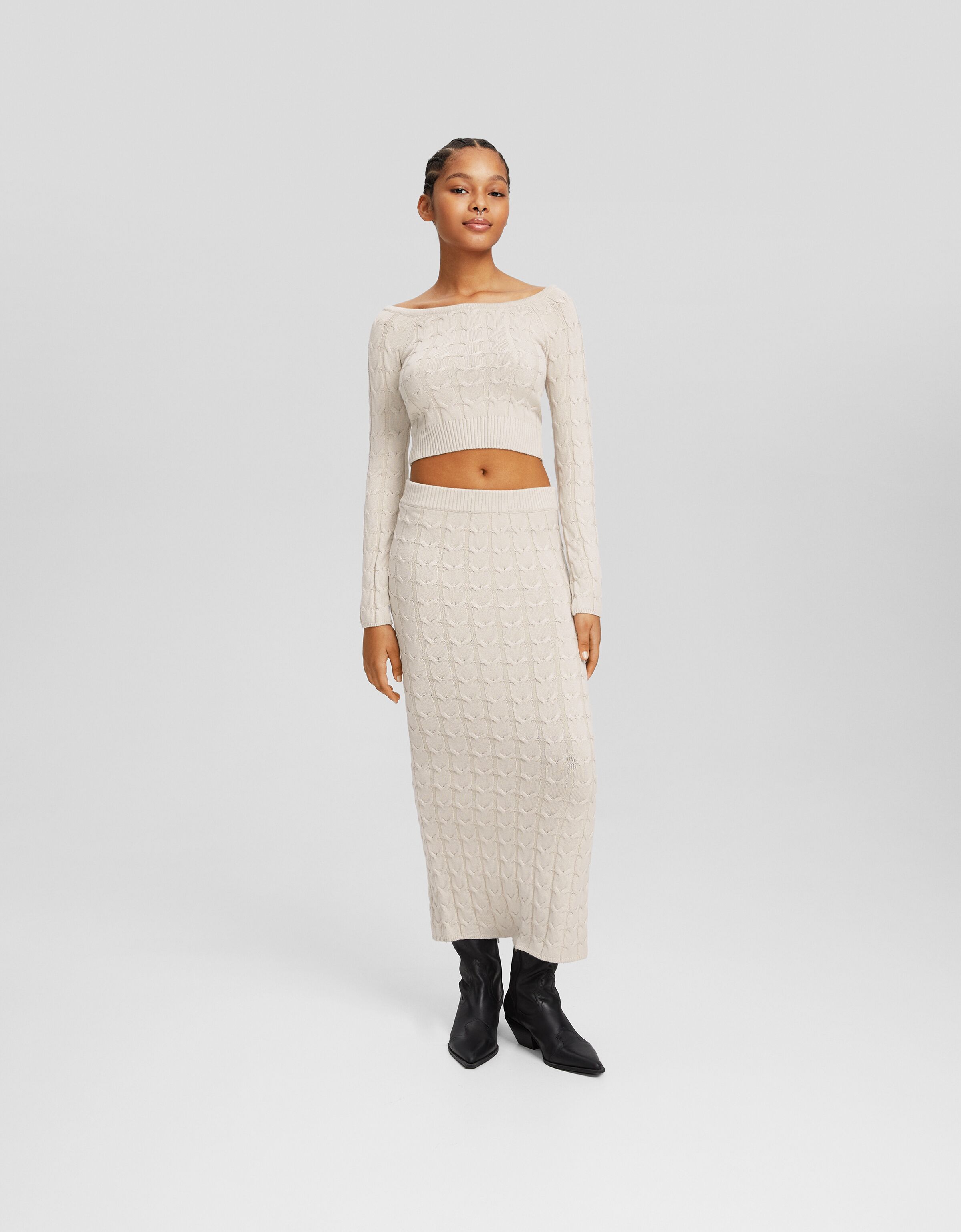 Cable-knit midi skirt - Women | Bershka