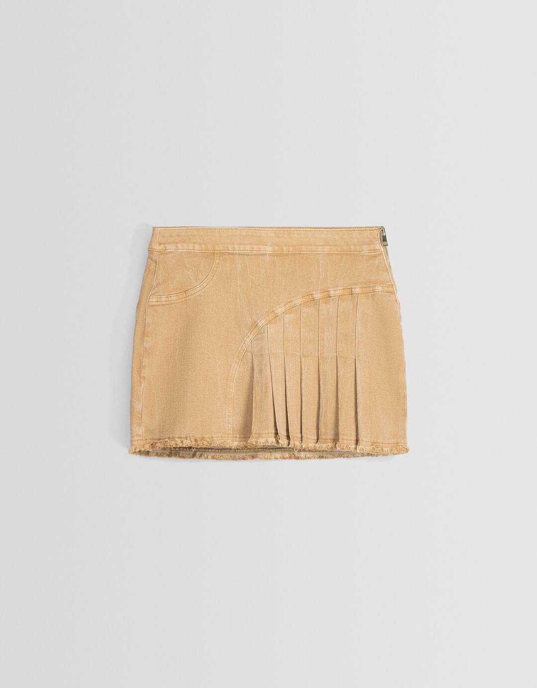 Twill frayed mini skirt with box pleats