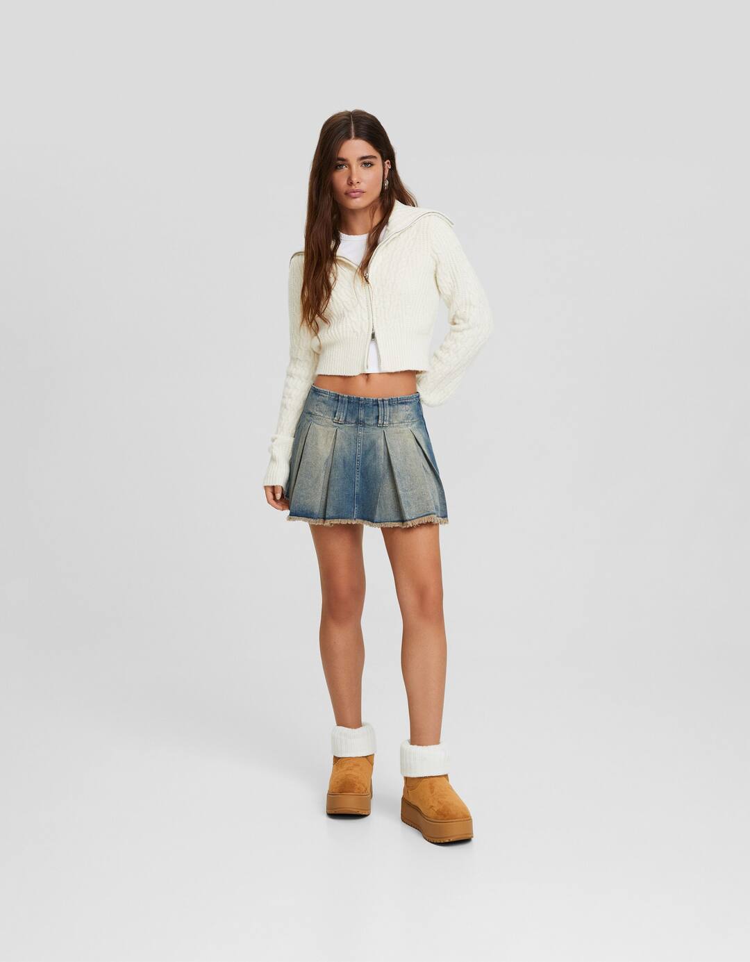 Faded denim box-pleat skorts