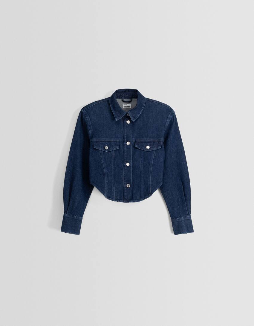 Cropped denim jacket with padded shoulders-Washed out blue-4