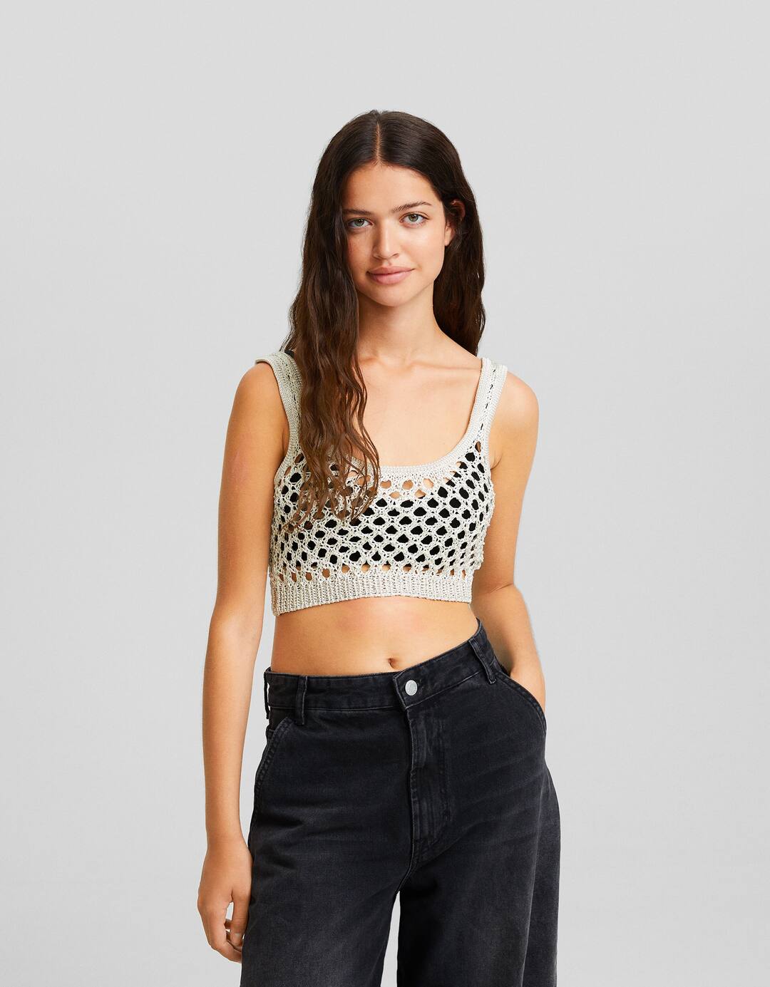 Rustic shimmer crochet strappy crop top